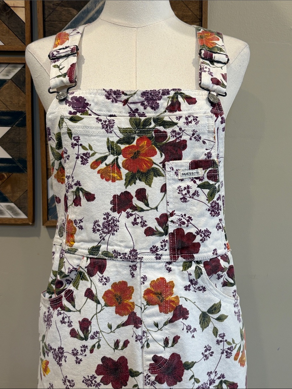 Vintage Guess 90s White Floral Cottagecore Denim Overall Dress S / M - Picture 2 of 13